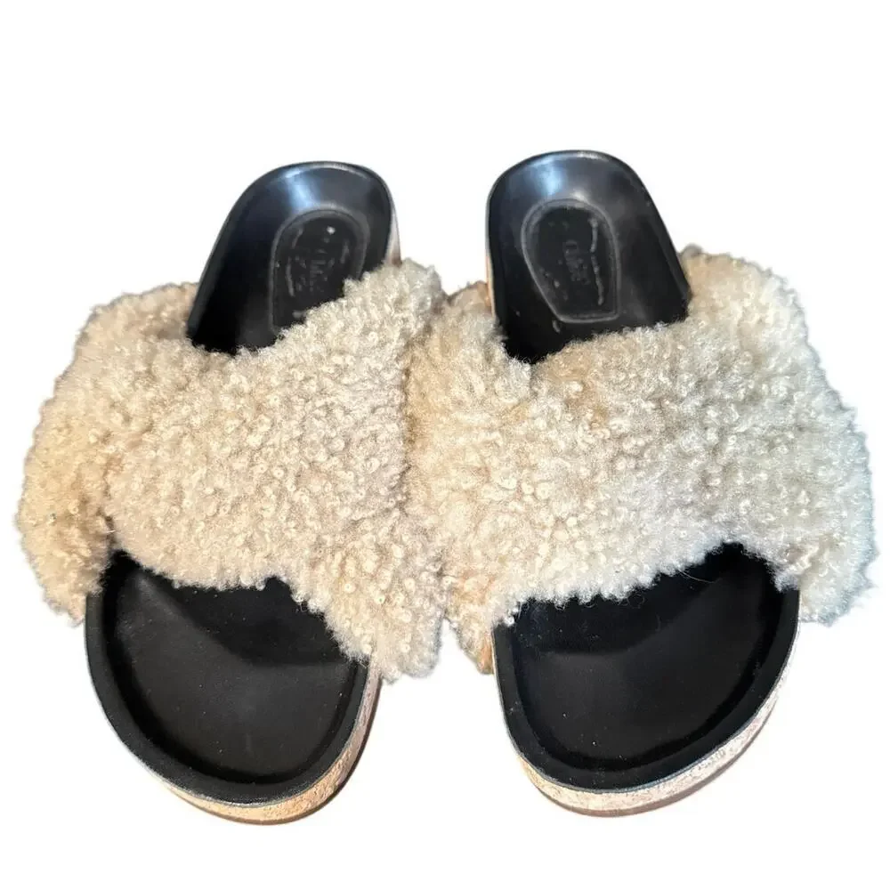 Chloe Kerenn Beige Fur Shearling Cork Slides Sandals Size 36 EU Size 6 US
